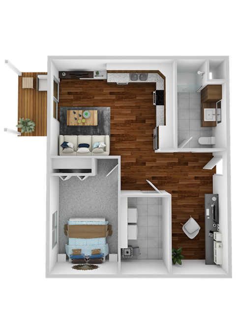 Floor plan for 1 bed, 1 bath, 717 sqft